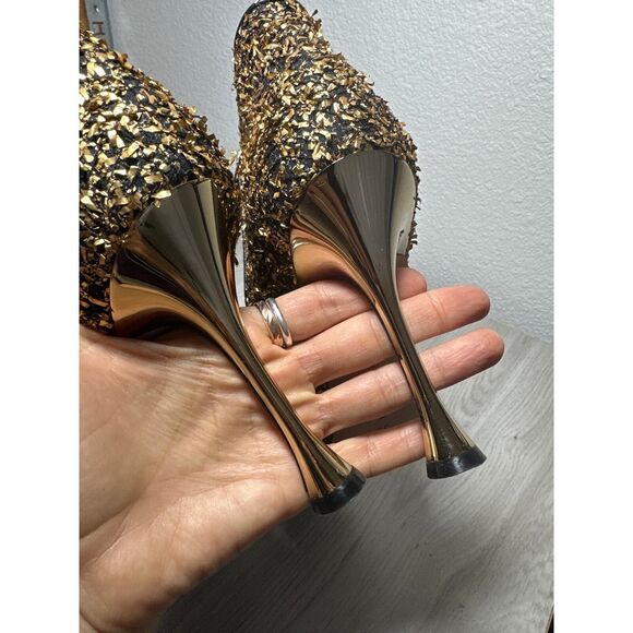 Manolo Blahnik Stiletto Ankle Bootie 39 Pointed Toe Glam Designer Gold Pluta - Picture 12 of 15